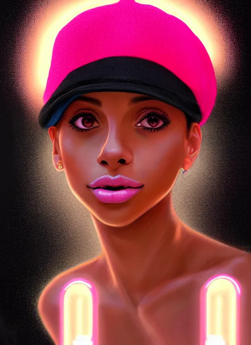 Image similar to portrait of teenage vanessa morgan with bright pink hair, black girl, vanessa morgan, curly pixie cut hair, wearing newsboy cap, newsboy cap, hoop earrings, intricate, elegant, glowing lights, highly detailed, digital painting, artstation, concept art, smooth, sharp focus, illustration, art by wlop, mars ravelo and greg rutkowski