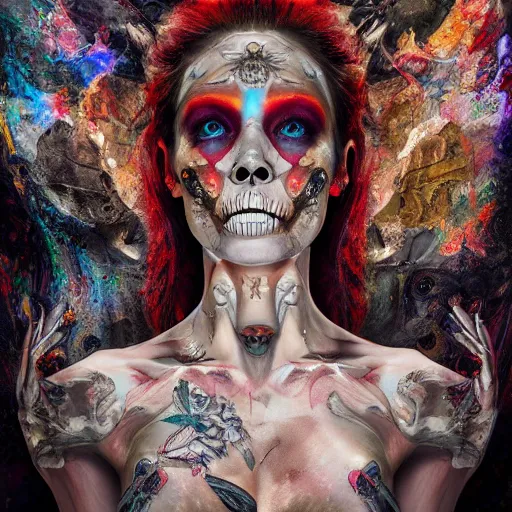 Image similar to full body pose, hyperrealistic mixed media painting of beautiful skull woman, dim volumetric lighting, 8 k, octane beautifully detailed render, extremely hyper detailed, intricate, epic composition, cinematic lighting, masterpiece, trending on artstation, very very detailed, masterpiece, stunning, hdr, smooth, sharp focus, high resolution, award, winning photo, dslr, 5 0 mm