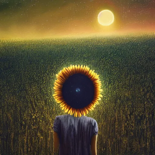 Image similar to giant daisy flowers as a head, girl walking in wheat field, hills, surreal photography, dark night, star trails, impressionist painting, dramatic clouds, digital painting, artstation, simon stalenhag