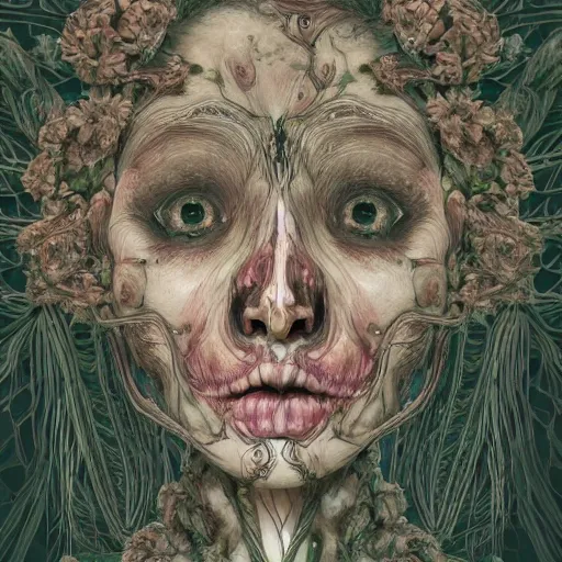 Prompt: a beautiful detailed photo of a full body rotten woman corpse morphing into fractal plants and fractal flowers and mushrooms, face muscles, veins, anatomical, intricate, ornate, volumetric light, beautiful lit, beetlejuice