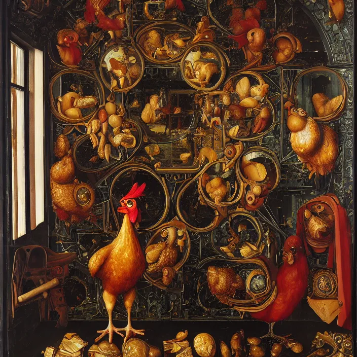 Image similar to a chicken in a hall of mirrors, chicken nebula, by jan van eyck