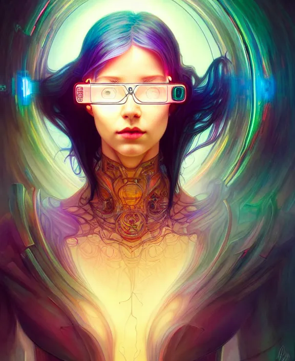 Prompt: a whirlwind of souls rushing inside the metaverse, half body, jewelry, hologram, google glass, android, cyborg, cyberpunk face, by loish, d & d, fantasy, intricate, elegant, highly detailed, colorful, vivid color, digital painting, artstation, concept art, art by artgerm and greg rutkowski and alphonse mucha