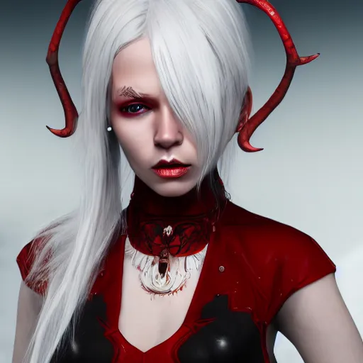 Image similar to a highly detailed portrait of a humanoid demon girl with white hair, red horns, in white clothes, artstation, deviantart, professional, unreal engine 5, photorealistic