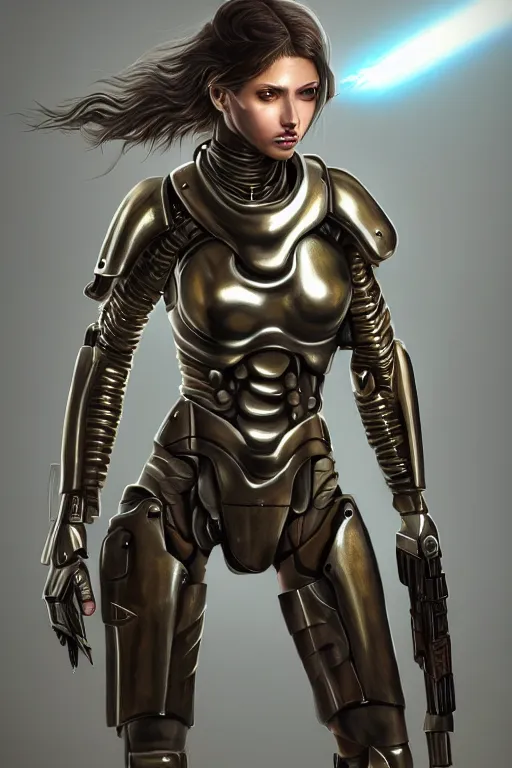 Image similar to a photorealistic painting of an attractive young girl, partially clothed in metal-plated battle armor, wielding a plasma rifle, dirty olive skin, long dark hair, beautiful bone structure, perfectly symmetrical face, perfect eyes, intricate, elegant, digital painting, concept art, illustration, sharp focus, minimal artifacts, volumetric lighting, from Metal Gear, in the style of Ruan Jia and Mandy Jurgens and Greg Rutkowski, trending on Artstation, award winning