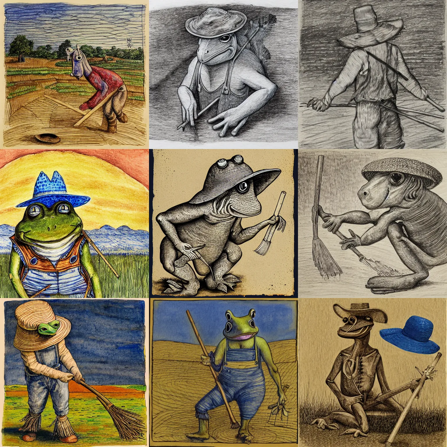 Prompt: horse - headed humanoid frog creature, wearing a straw hat and overalls, using a spade, golden hour, bucolic, expressive linework, crosshatching, grisaille, cobalt blue and ochre watercolor wash