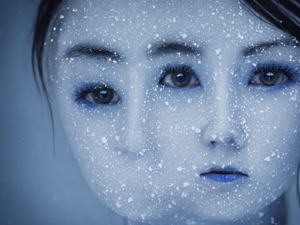 Image similar to the piercing blue eyed stare of yuki onna, blue skin, mountain blizzard and snow, canon eos r 6, bokeh, outline glow, asymmetric unnatural beauty, blue skin, centered, rule of thirds
