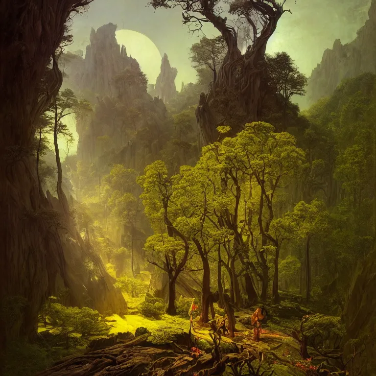 Image similar to a detailed landscape painting inspired by moebius and beksinski of a great forest with path and man with a cape over his head. fantasy poster. cinematic fantasy scene. aurora lighting. fantasy. carl spitzweg. baroque elements. baroque element. intricate artwork by caravaggio. oil painting. award winning. dramatic. trending on artstation. 8 k