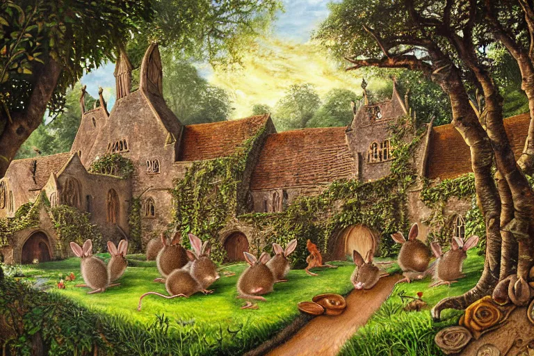 Prompt: an elaborate and dense painting of redwall abbey in mossflower wood with lots of mice and rabbits and otters walking around, detailed by brian jacques and greg rutowski