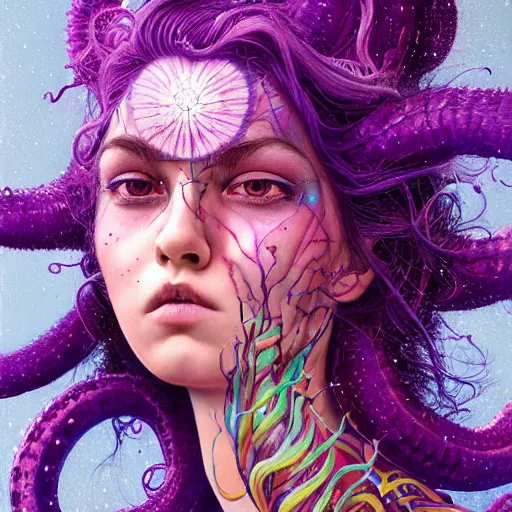 Prompt: detailed art portrait of a furious girl with think, hair-like purple tentacles on her head and bright purple eyes, 8k,by tristan eaton, Stanley Artgermm,Tom Bagshaw,Greg Rutkowski,Carne Griffiths,trending on DeviantArt, face enhance,hyper detailed ,full of colour,