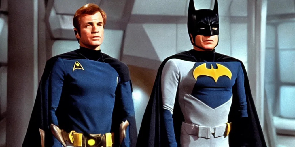 Image similar to ((Batman)) in Starfleet uniform, in the role of Captain Kirk in a scene from Star Trek the original series