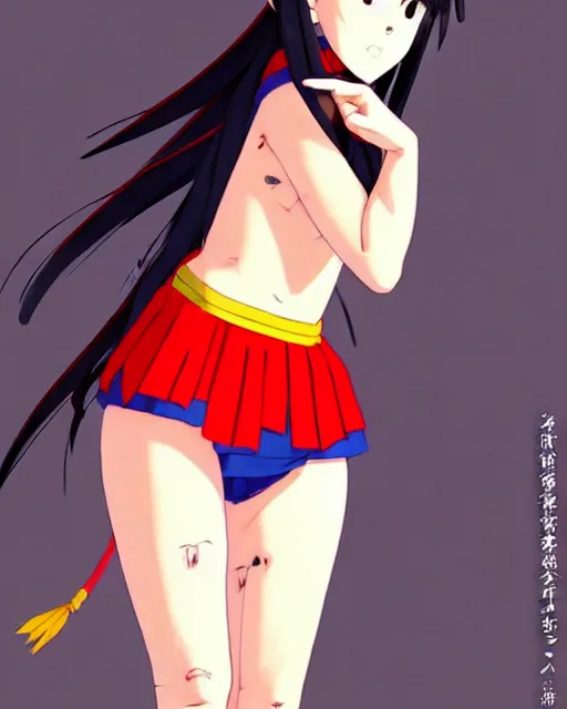 Image similar to a beautiful! boyish! amber midthunder alluring gravure! model, wearing japanese school girl outfit with mayan pattern and native style, aztec street fashion, gapmoe yandere grimdark, trending on pixiv fanbox, painted by greg rutkowski makoto shinkai takashi takeuchi studio ghibli, akihiko yoshida