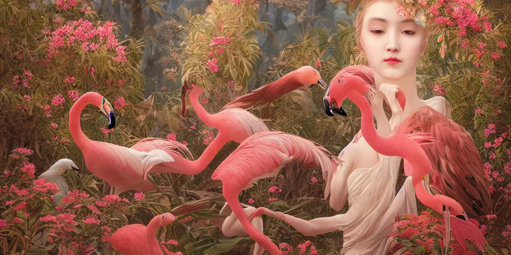 Image similar to breathtaking detailed concept art painting of the goddess of flamingo, orthodox saint, with anxious, piercing eyes, ornate background, amalgamation of leaves and flowers, by Hsiao-Ron Cheng and John James Audubon, extremely moody lighting, 8K