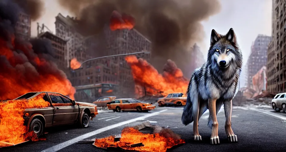 Image similar to A beautiful hyper realistic ultra detailed lifelike matte painting of a scruffy grey Timber Wolf standing in the middle of a destroyed New York City street with cars and buildings engulfed in flames on fire, unreal engine, deviantart, flickr, artstation, octane render, dimly lit, textured, colorful, extreme realistic detail, physically based rendering, pbr render, very detailed, volumetric lighting, detailed lighting, octane render, 4k, cinematic lighting, 8k resolution