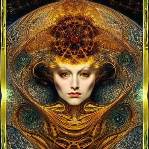 Image similar to Divine Chaos Engine by Karol Bak, Jean Deville, Gustav Klimt, and Vincent Van Gogh, celestial, visionary, sacred fractal structures, ornate gilded medieval icon, spirals