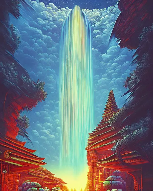 Prompt: ancient alien waterfall temple, chris mars, alena aenami, dan mumford