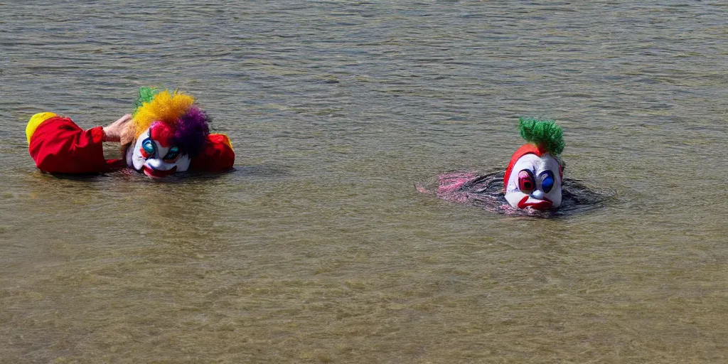 Prompt: clown swimming in the beach