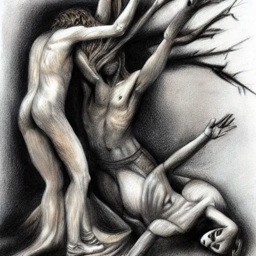 Image similar to we had been forgotten by living deities, and when it's over, we'll fall to pieces, imaginative, art, charcoal no words, no letters