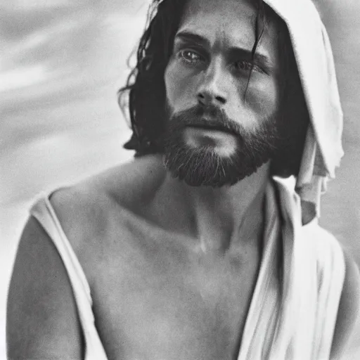 Prompt: photograph portrait of Jesus Christ, B&W, Vogue magazine, modelling photography, taken on 1970s kodak camera, grainy, kodak, fashionable, 4k, very realistic, hiper detailed, studio, 35mm