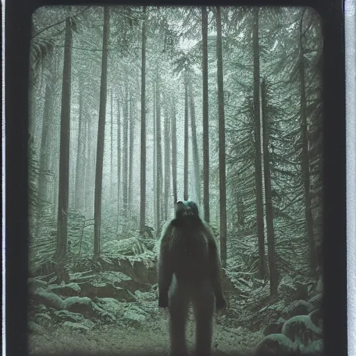 Prompt: polariod photograph yeti forest