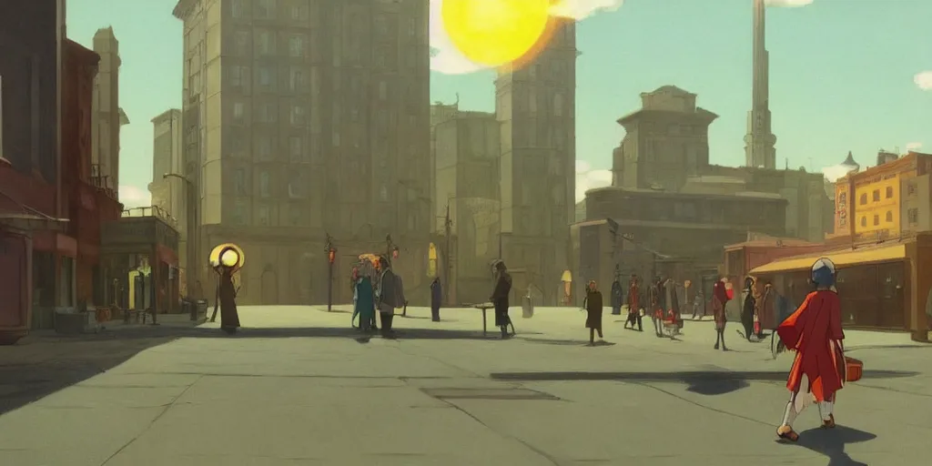 Image similar to A mysterious glowing and powerful atom shines above a city square, dieselpunk, by Studio Ghibli and Edward Hopper