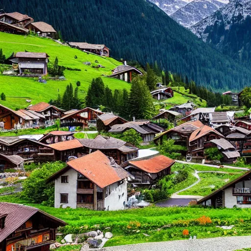 Prompt: a beautiful image of a village in the alpine mountains