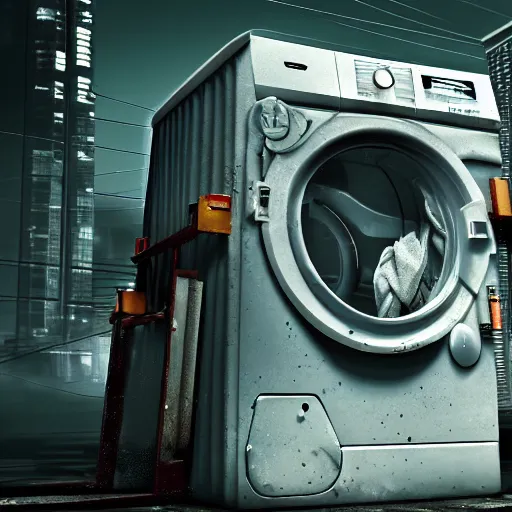 Image similar to a washing machine becoming sentient and rebelling against humanity, cyberpunk, digital art, high detail