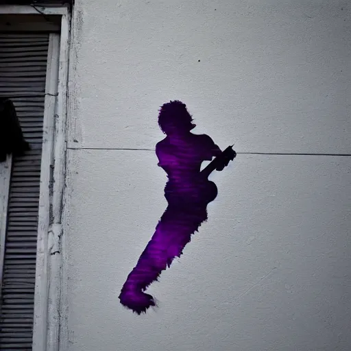 Image similar to dripping purple faded paint across the shape of a human playing guitar, realistic, extremely detailed, coming out of the building