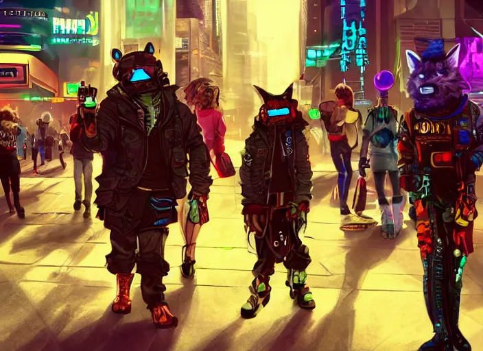 Image similar to high - resolution photograph from a cyberpunk era furry fandom convention ( midwest furfest 2 0 4 7 ), taking place after the genetic revolution and quantum singularity. photorealistic.