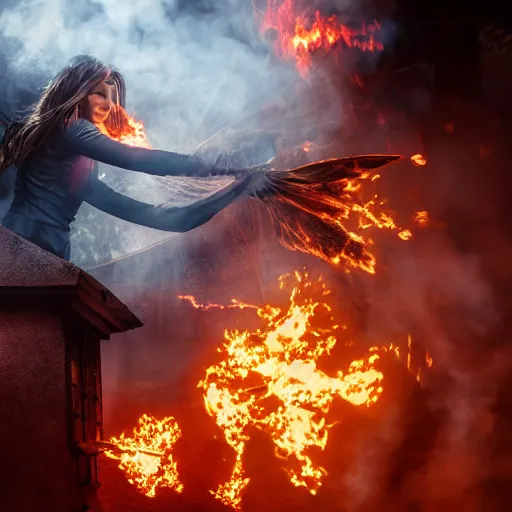 Image similar to a fire mage throwing fireballs at a house, realistic 8 k professional photography, midday lighting, defiant, octane, volumetric lighting, 7 0 mm,