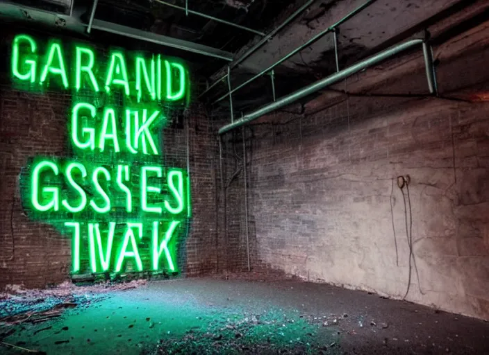 Prompt: an abandoned industrial basement lit a neon sign advertising GAK