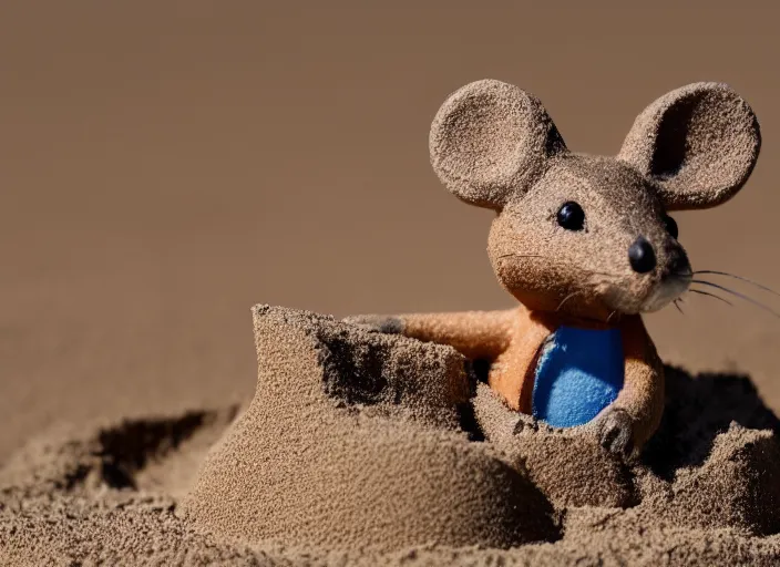 Image similar to dslr photo still of a mouse inside a perfect sandcastle, 8 k, 8 5 mm f 1. 4