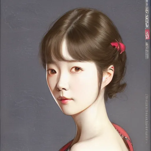 Image similar to IU, Korean Idol, Korean Artist, very detailed, digital art, concept art, studio quality, ethereal, art style by J. C. Leyendecker