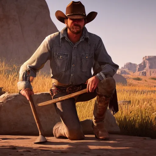 Prompt: a cowboy from the old west kneeled on the ground with a small hole and a broken shovel near a riverbend with his fists raised in desperation and anger rendered in unreal engine highly detailed