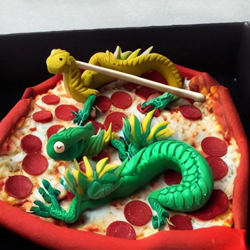 Image similar to polymer clay dragons in a canoe, eating pizza, claymation