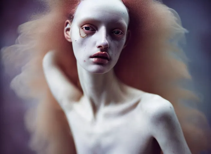 Image similar to cinestill 5 0 d photo portrait of a beautiful hybrid woman in style of tim walker by roberto ferri, body weird marble intricate detailed, hair is intricate gnarled style, 5 0 mm lens, f 1. 4, sharp focus, ethereal, emotionally evoking, head in focus, bokeh volumetric lighting, tonal colors outdoor