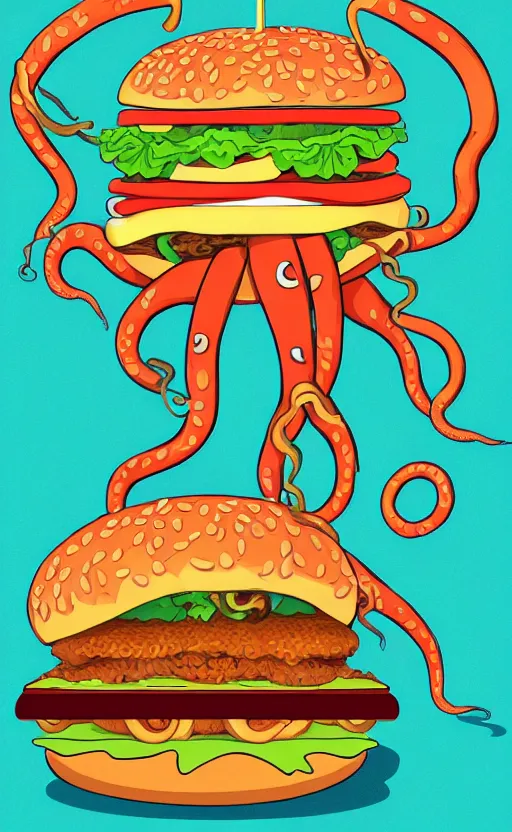 Image similar to highly detailed illustration of octopus holding burger, tentacles wrapped around hamburger, poster, symmetrical, 8 k, trending