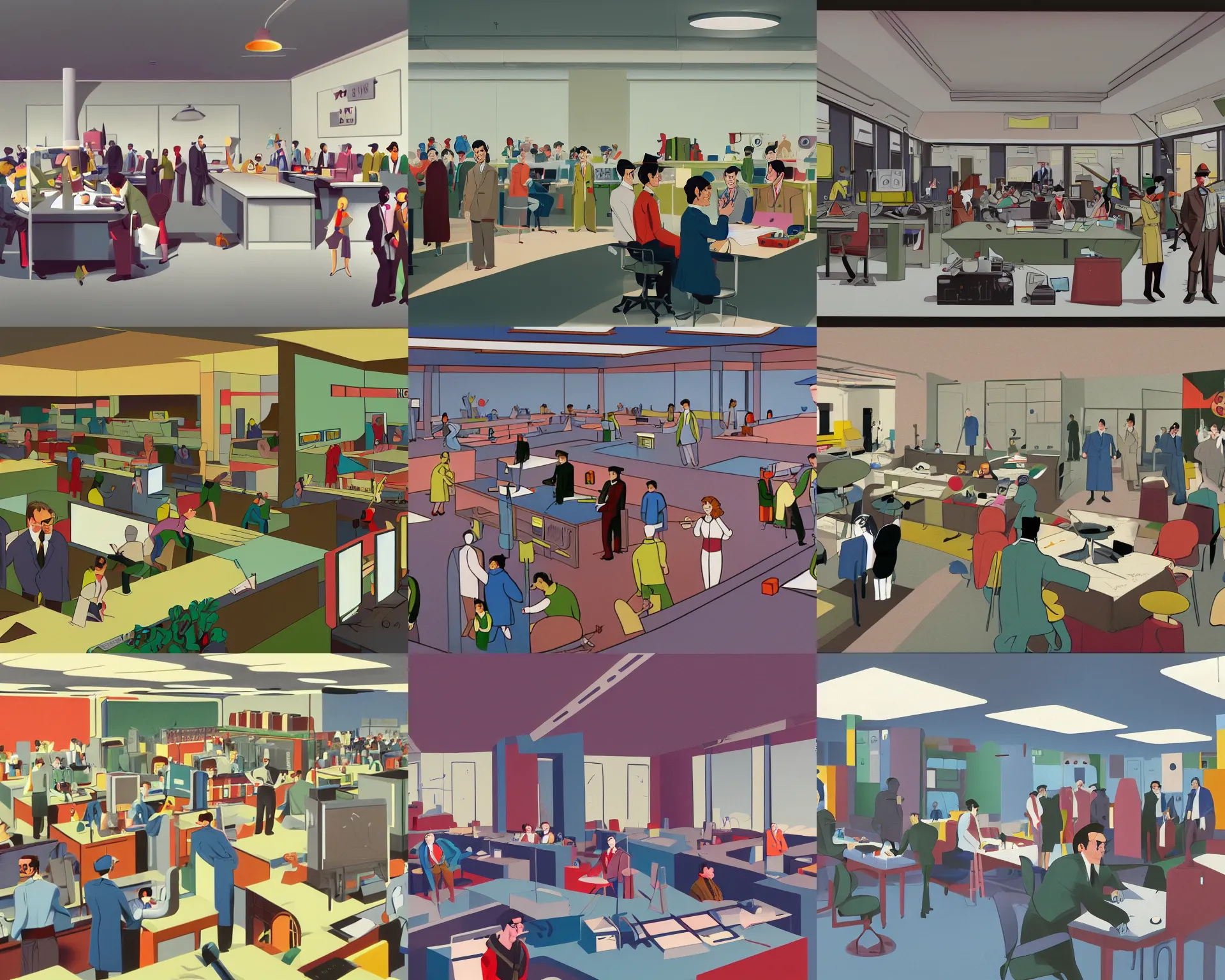 Prompt: a colourful brutal matte painting of start of work in interior of detective agency, people at work, monitors, whiteboards, 35mm, muted colors, few people by Miro Vesterinen and Bruce Timm, inspired by Control