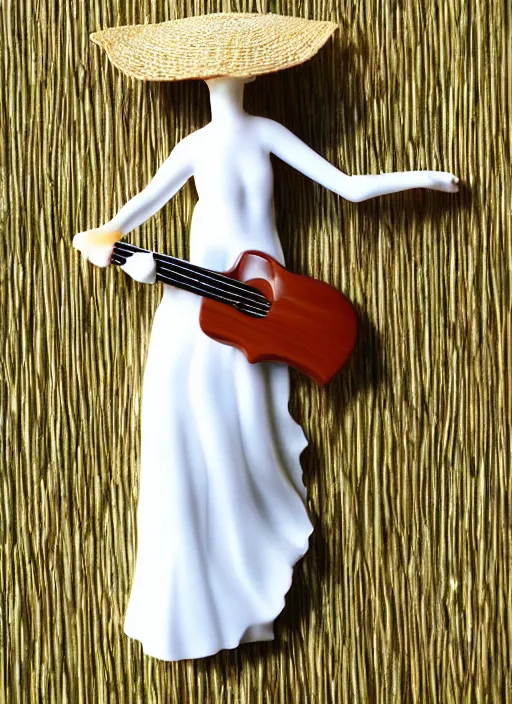 Image similar to Fine Image on the store website, eBay, Full body, 80mm resin figure of a cute tall girl in straw hat and white dress playing guitar, environmental light from the front