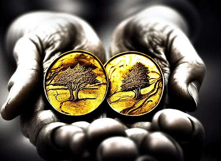 Prompt: old retro burnt out sepia photograph with scratches of an old and wrinkled hand with five fingers!! holding a few golden coins with royal engravings. magical forest in the background with bokeh. Antique. High quality 8k. Intricate. Sony a7r iv 35mm. Award winning. Zdzislaw beksinski style