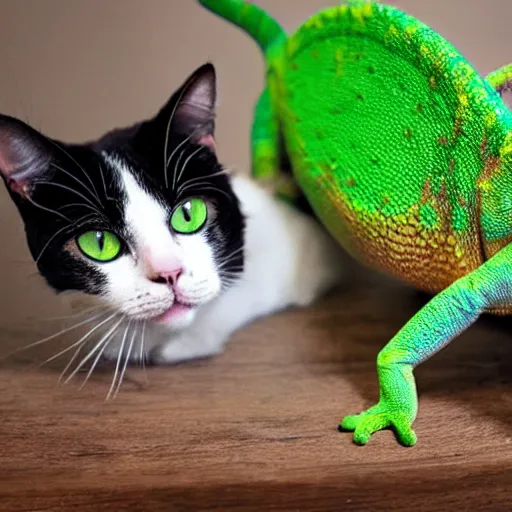 Image similar to photo of a cat and chameleon best friends