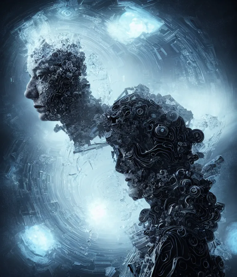 Image similar to impressive ominous front!! shot photo of a court jester character fine portrait fine portrait mesmerizing fractal hyper cubes platinum cracked dark future hyper dimensional space galactic crystal nebula edges elegant detailed intricate concept artstation sharp focus ray tracing cinematic masterpiece temporal corruption beeple wlop germ 8 4 k scifi glossy hyper realistic illustration canon eos r 3 fujifilm x - t 3 0 sony alpha a 6 6 0 0