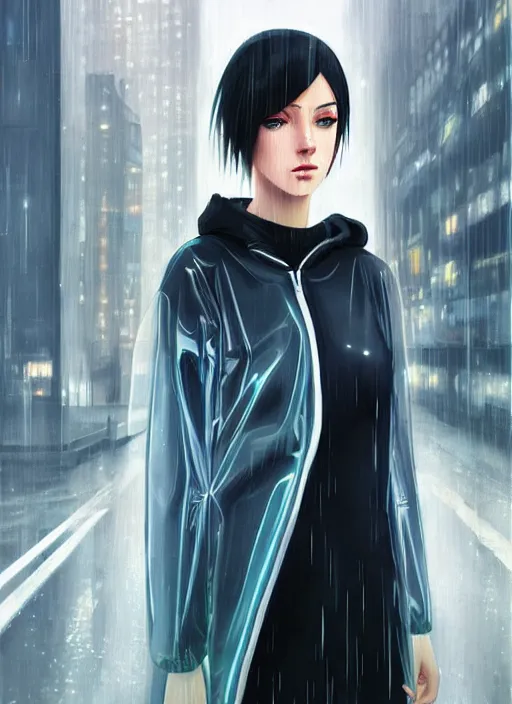 Image similar to a realistic portrait of a beautiful woman wearing a futuristic transparent raincoat with hoodie in a dystopian city, raining, by ilya kuvshinov