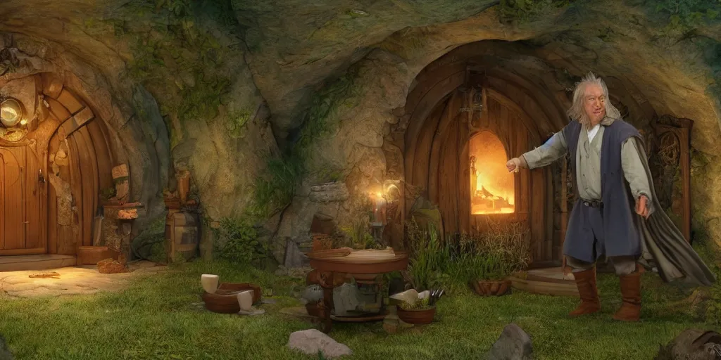 Prompt: a hobbit in his home at the shire with gandalf casting spells and batman dances fantasy hi quality 4 k render,