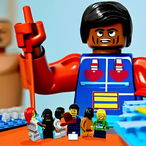 Image similar to a jonestown lego set with jim jones holding coolaid