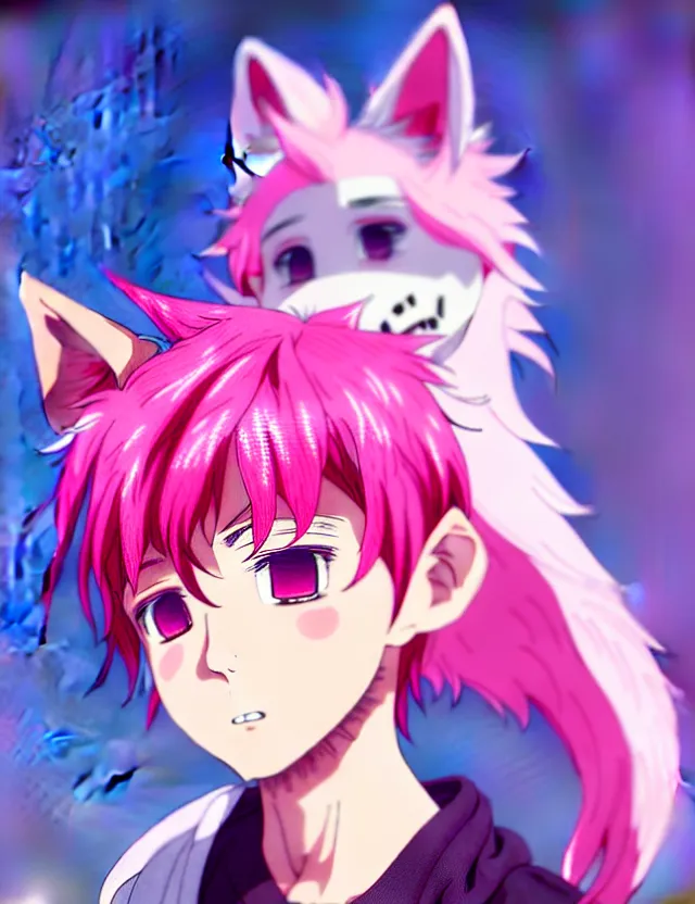 Image similar to portrait of a cute anime boy with pink hair and pink wolf ears and pink wolf tail wearing stylish clothes | | very detailed digital painting, trending on artstation, octane render, random artists