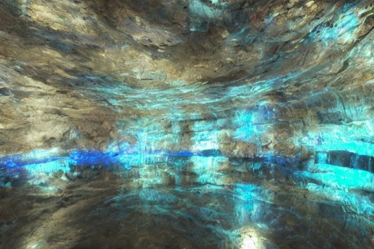 Prompt: black opal cave, photo, photograph, realistic, light reflecting, caustics, reflective water puddles,