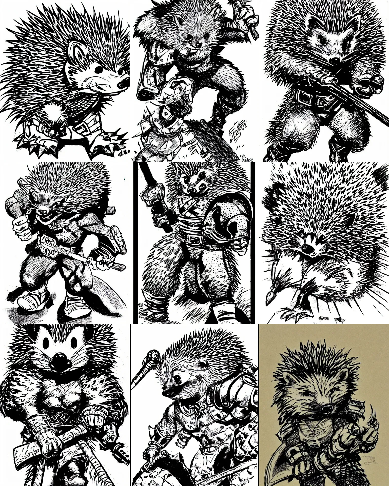 Prompt: hedgehog!!! jim lee!!! medium shot!! flat ink sketch by jim lee close up in the style of jim lee, barbarian medieval armor comic book hedgehog animal by jim lee