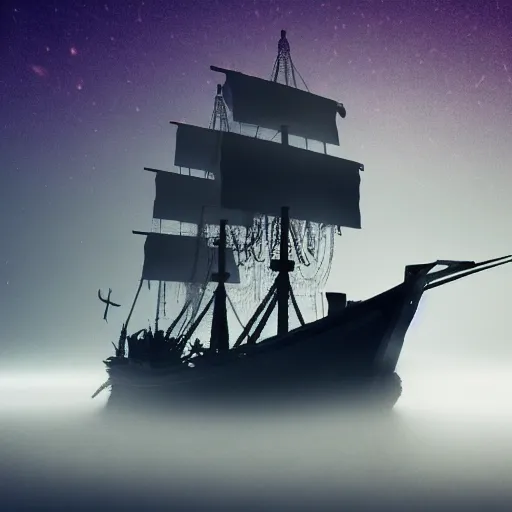 Prompt: an ornate pirate ship sailing out of thick fog on a moonlit night, 4 k, ultra realistic photo
