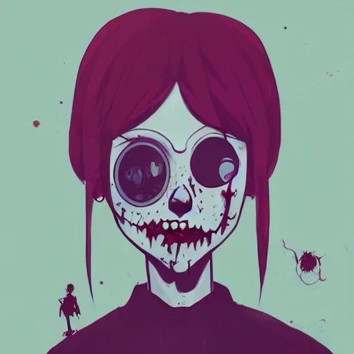 Image similar to Digital portrait of a cartoon punk zombie young lady by Atey Ghailan, by Loish, by Bryan Lee O'Malley, by Cliff Chiang, ((dark blue moody background))
