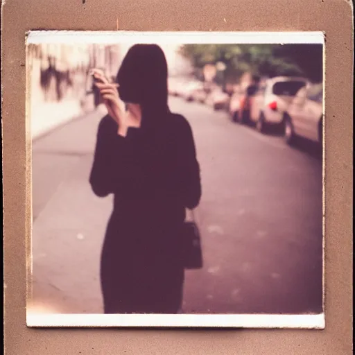 Prompt: a beautiful instant photograph of a woman smoking in the streets, polaroid, rule of thirds, light leak, raw, black clothing